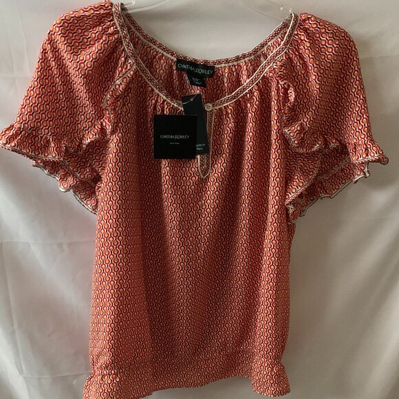 CYNTHIA ROWLEY Ruffled Printed Top in Red/Mustard Sz MEDIUM - Picture 1 of 4